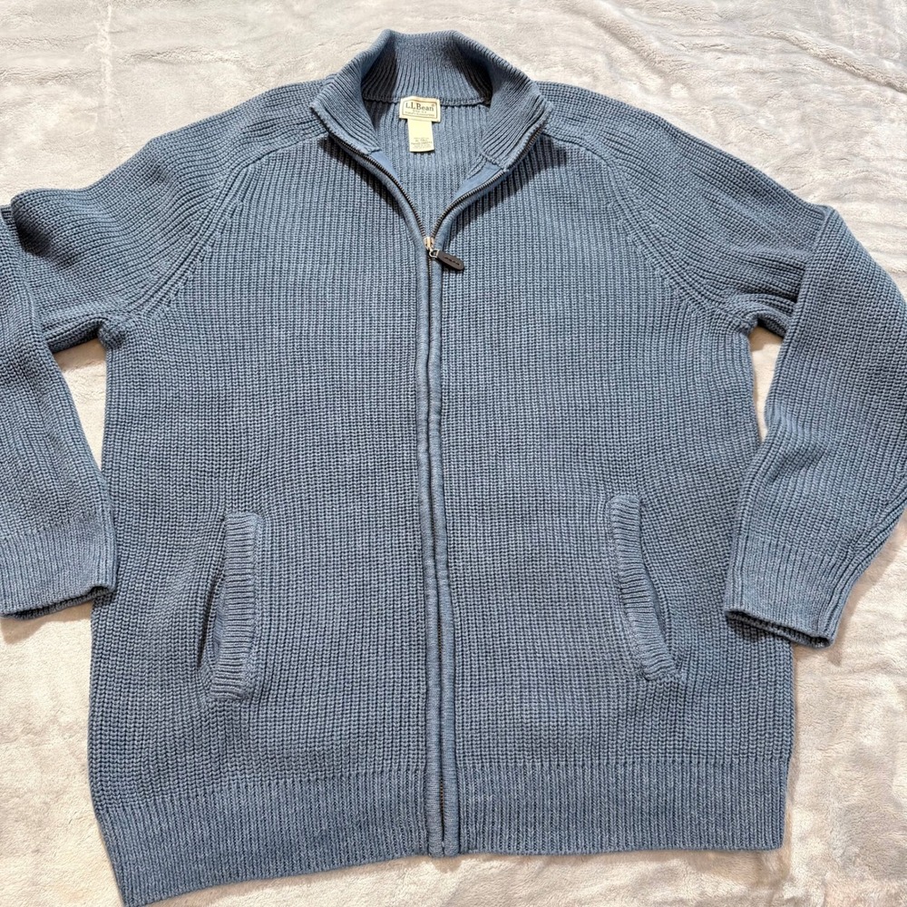 LLBean Mens Blue Cotton Full Zip Sweater XL Tall Ribbed Knit‎ CASUAL Outerwear
